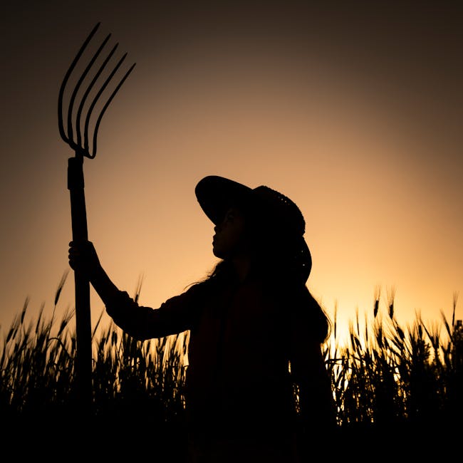 Silhouette of a farmer holding a pitchfork in a field at sunset, Çameli, Türkiye.